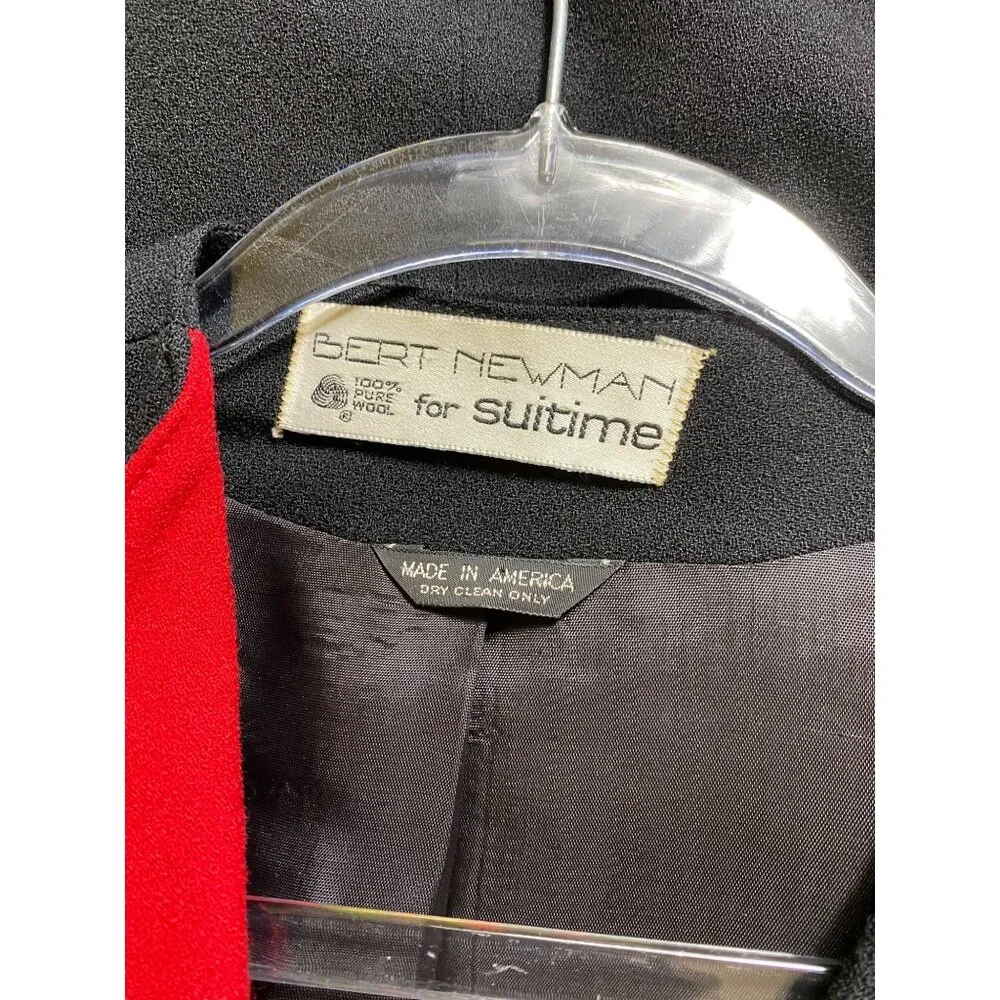 BERT NEWMAN SUITIME Vintage Black Wool Blazer Red Accent Lapel Size 14‎ Eighties